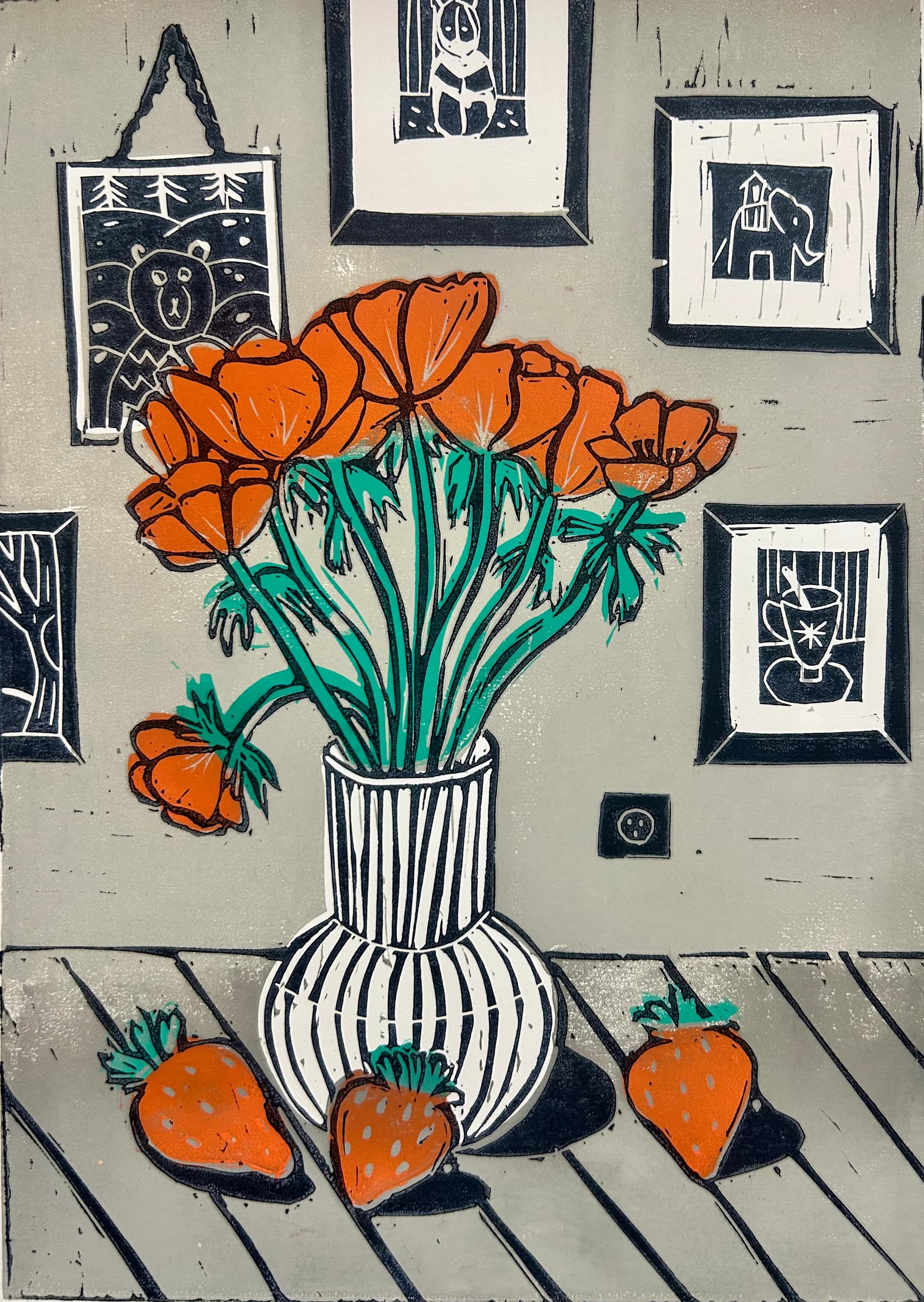 Still life with flowers and strawberries