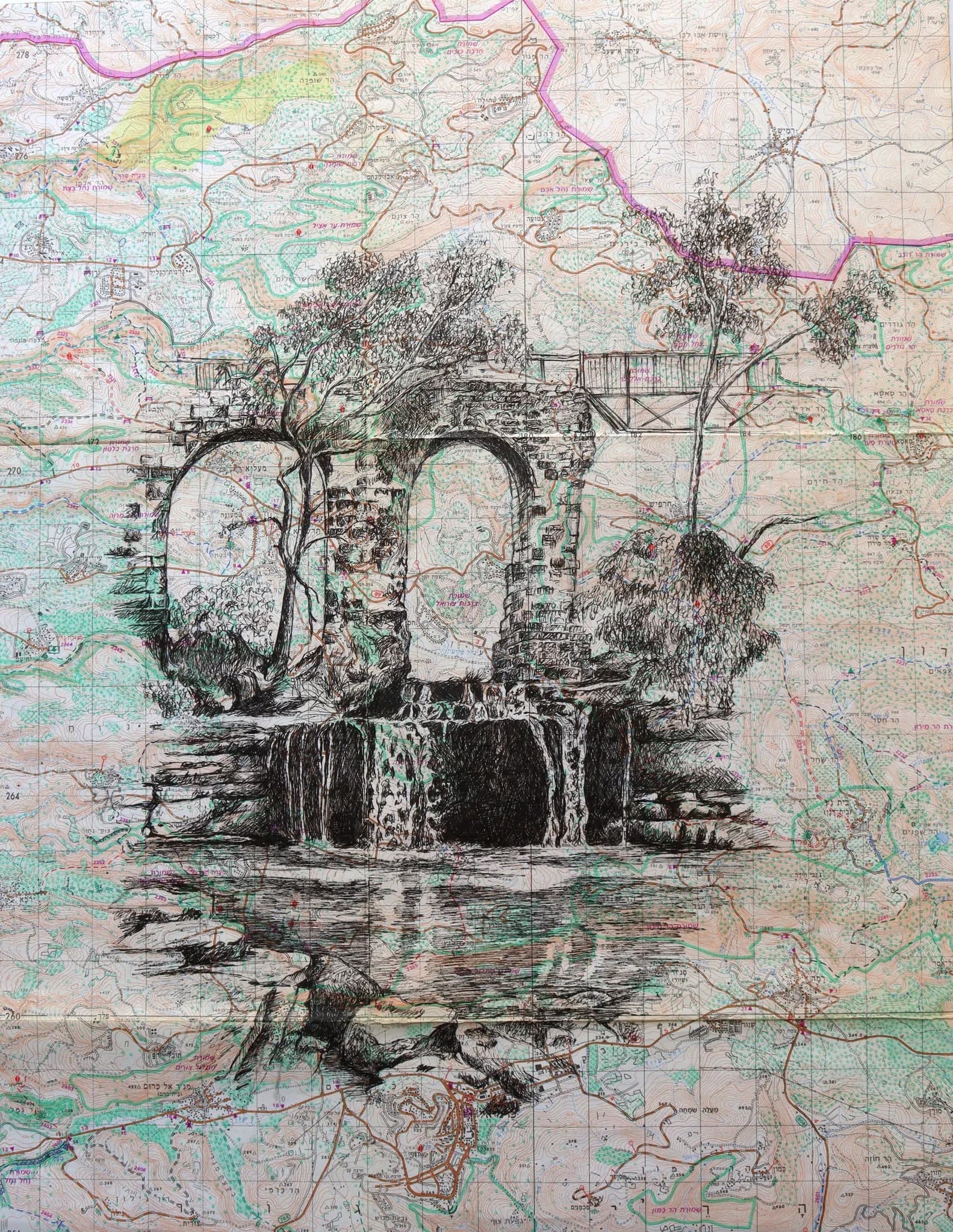 Drawing on a trail marking map. Ancient building and stream.